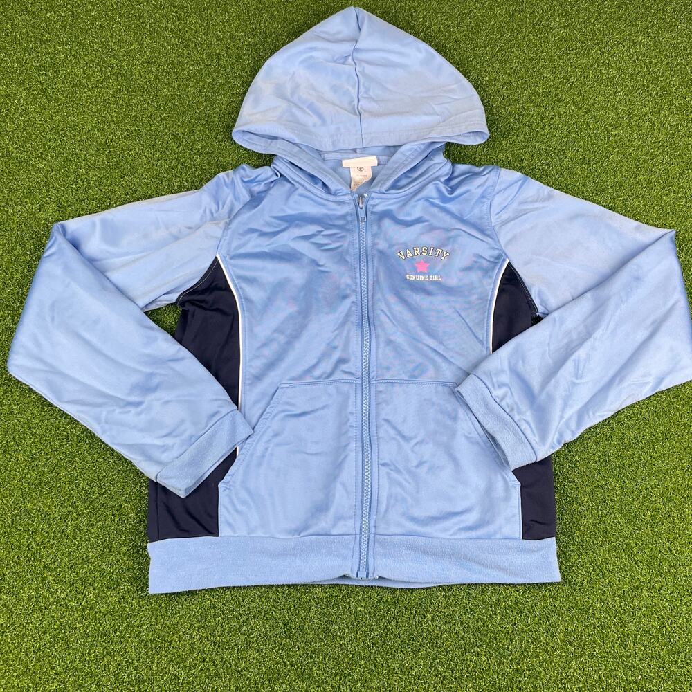 Y2K Genuine Girl Blue Varsity Full Zip Hooded Bomber Jacket Sz L (12/14)